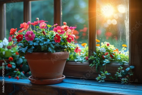 A vibrant array of potted red flowers on a rustic window sill  with a warm sunlight flare