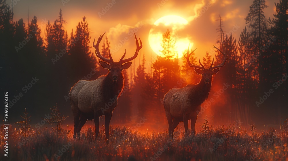 Two deer graze on barren ground under the sunset sky - obrazy, fototapety, plakaty 