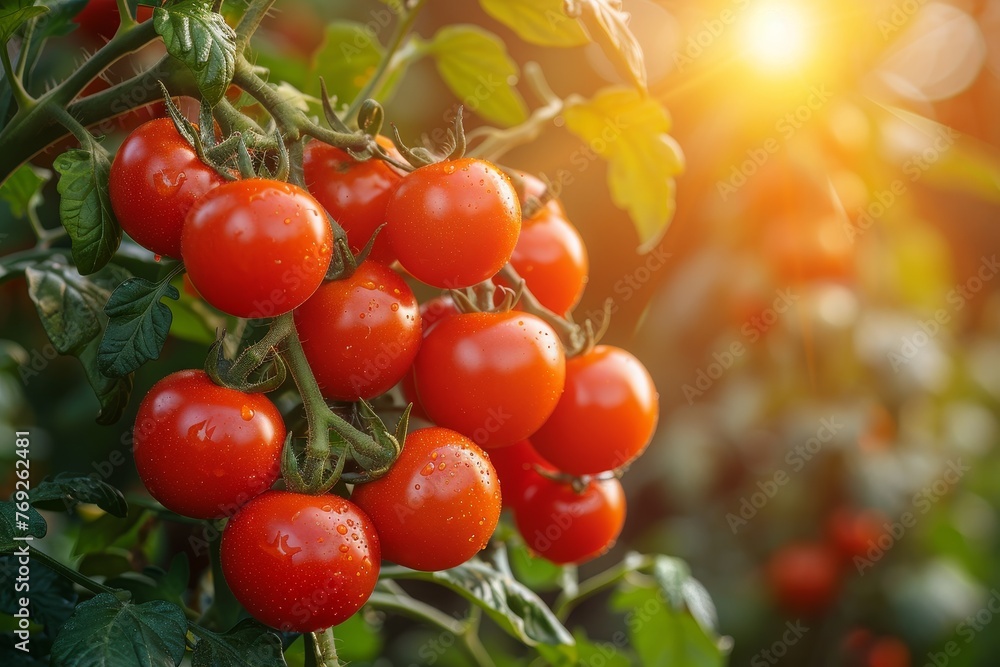 Juicy ripe tomatoes on a vine bask in the warm glow of sunlight, indicating freshness