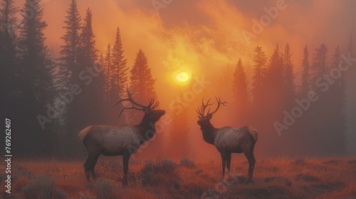 Two deer in natural setting at sunset, surrounded by trees and grass © yuchen