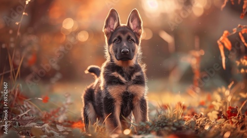 Alert german shepherd puppy, loyal guardian standing majestically in a picturesque field