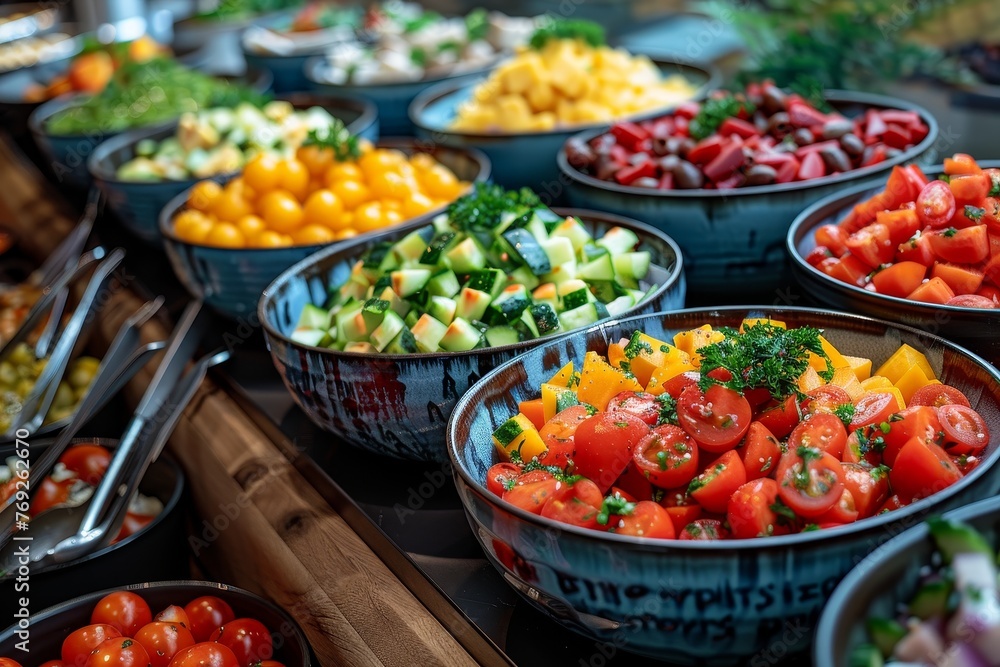Various dishes of colorful fresh salads with ripe vegetables and dressings neatly presented on a buffet