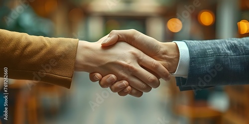A close-up of two businesspeople shaking hands in an office to symbolize a successful agreement. Concept Business, Partnership, Success, Handshake, Agreement