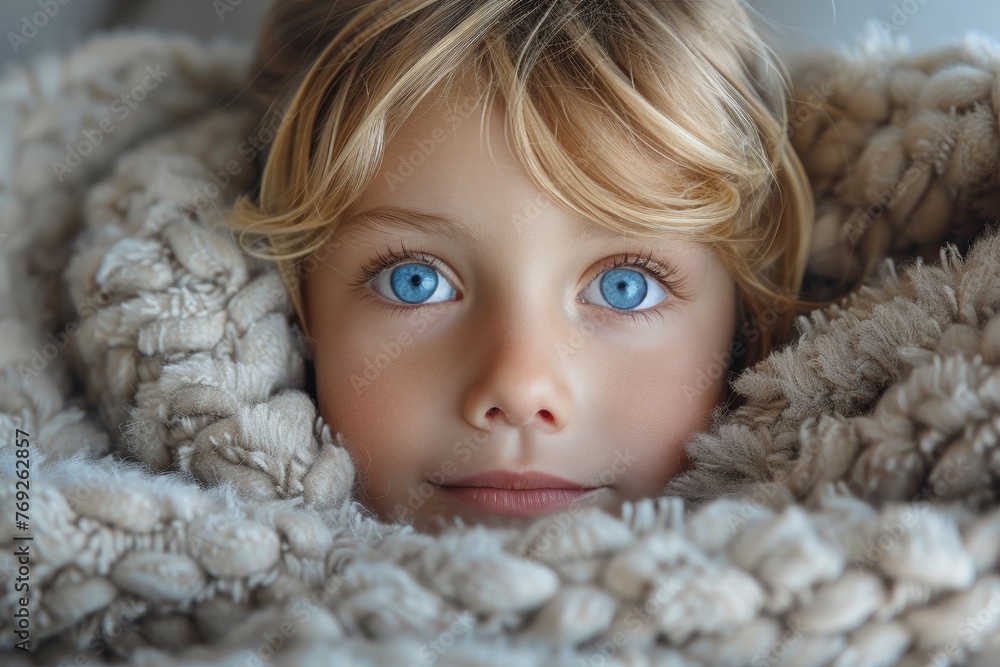 Cozy child with bright blue eyes wrapped in a soft, chunky knitted blanket Cozy child with bright blue eyes wrapped in a soft, chunky knitted blanket