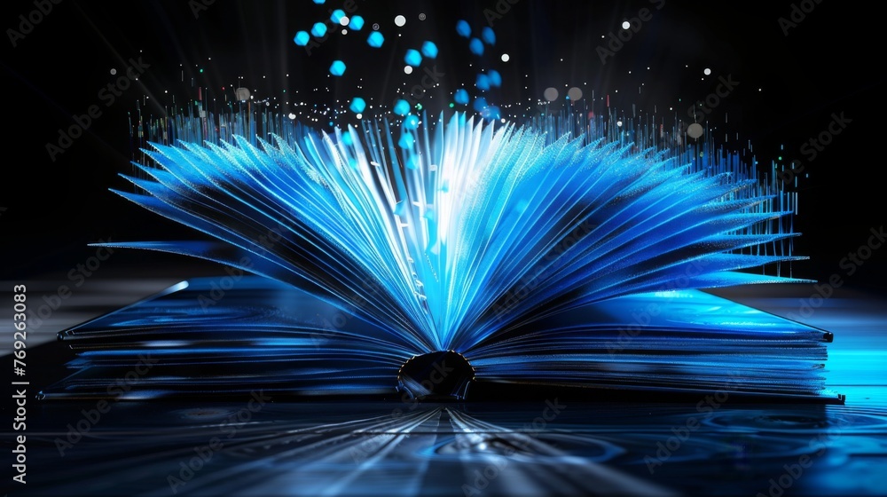 Open book with glowing blue digital rays and particles on black background. Online education, e ...