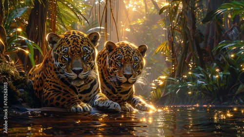 Two jaguars, carnivorous felidae, stand in water in jungle habitat