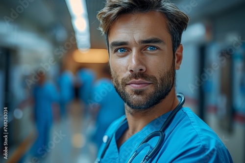 Confident male doctor wearing scrubs in a busy hospital setting