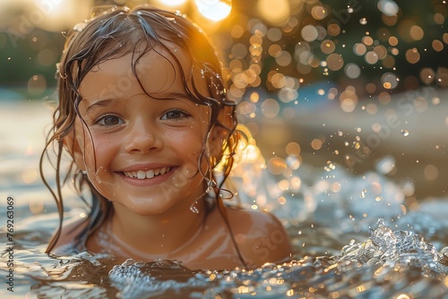 An exuberant child splashing in water with sunlight casting a magical glow on the scene