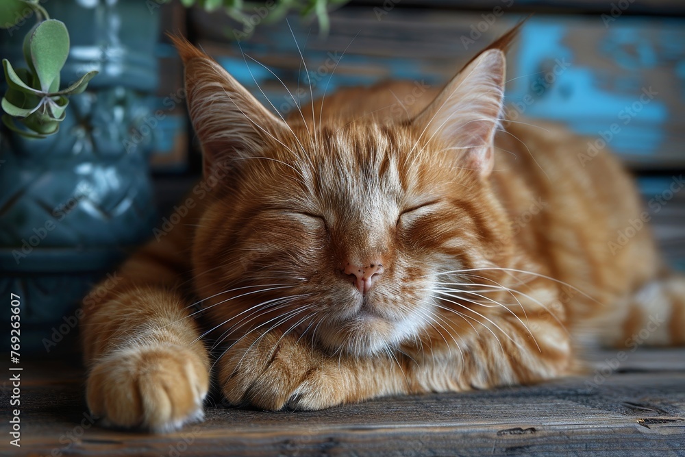 Fototapeta premium A peaceful orange tabby cat enjoys a restful sleep on an old rustic wooden surface, portraying calm and comfort