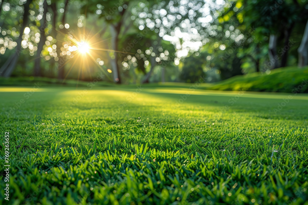 An early morning scene on a fresh dewy grass field as the sun rises behind the trees casting a warm glow An early morning scene on a fresh dewy grass field as the sun rises behind the trees casting a warm glow