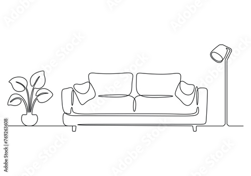 Continuous one line drawing of couch or sofa with lamp and potted plant. Modern furniture simple linear style vector illustration