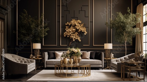 Luxurious Hollywood Regency home interior design, capturing the essence of a modern living room in a villa adorned with a cozy tufted curved round sofa and a velvet pouf on black parquet flooring, com photo