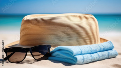 Straw hat, towel beach sun glasses and flip flops on a tropical beach. Tourism and vacation concept on a tropical beach. Happy sunny day on beach