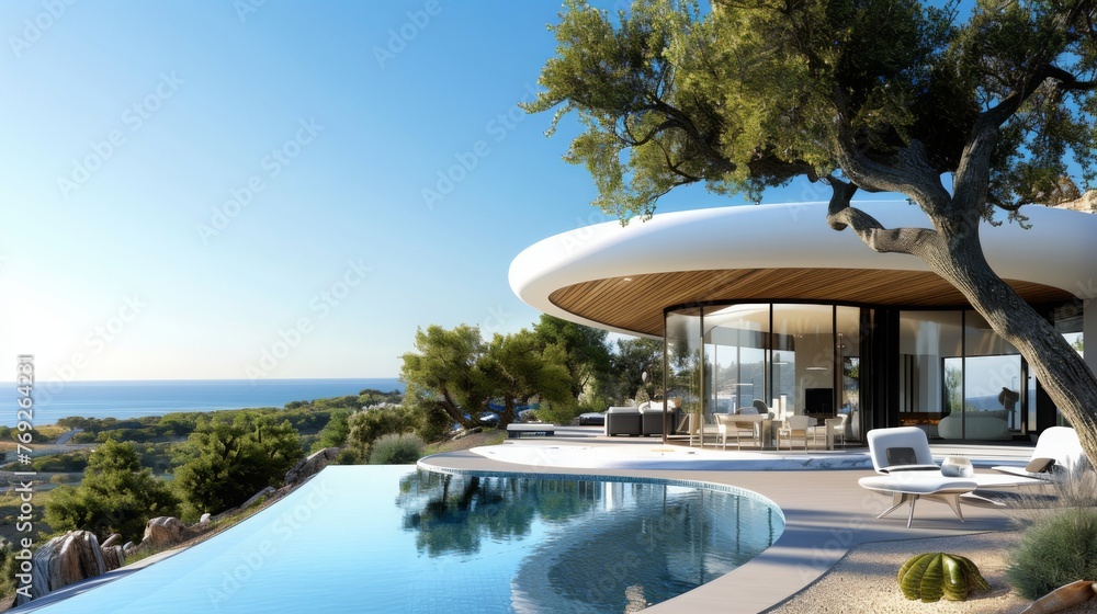 Fototapeta premium Inviting Retreat, Contemporary Residence luxury villa with large swimming pool, Luxury modern estate property on hill with stunning sea view, Summer vacation, tourism.