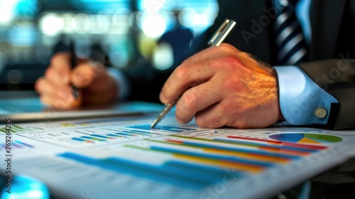 Group of financial professionals closely examining a detailed economic analysis report in an office setting They are seated around a desk,intently focused on the data and charts photo