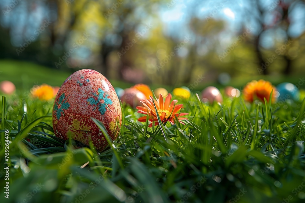 Fototapeta premium A vividly decorated Easter egg nestled in lush green grass with vibrant spring flowers signaling renewal and joy