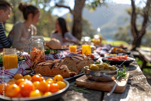 A blurred close-up of a picnic spread laden with food and drinks in a sunlit natural setting