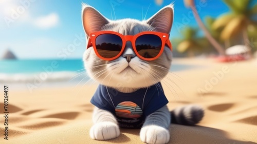 Cat wearing sunglasses relaxing on the beach. Tourism and vacation concept on a tropical beach. Happy sunny day on beach © Анна Селянкина