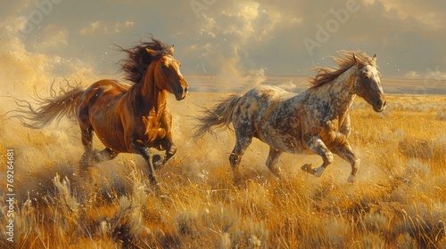Two horses gallop across a grassy plain in a painting