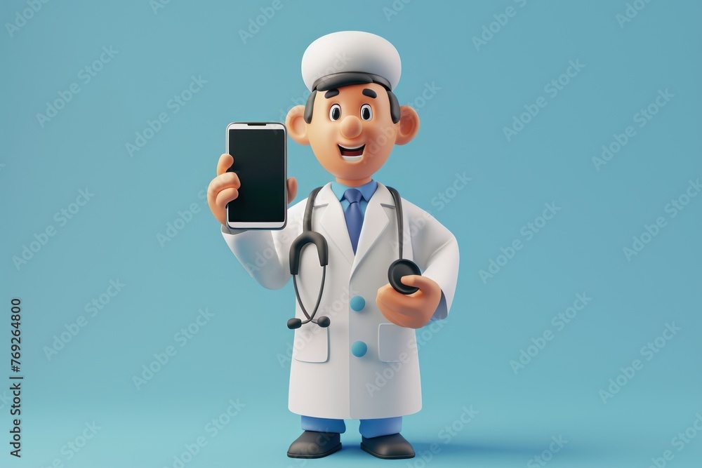 3d render. Doctor cartoon character shows smart phone device with blank screen. Clip art isolated on blue background. Medical application concept, Generative AI  - obrazy, fototapety, plakaty 