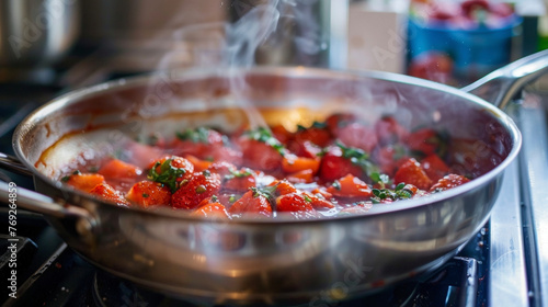 A pan of food sizzling and cooking on a stove, with steam rising from the delicious meal being prepared.