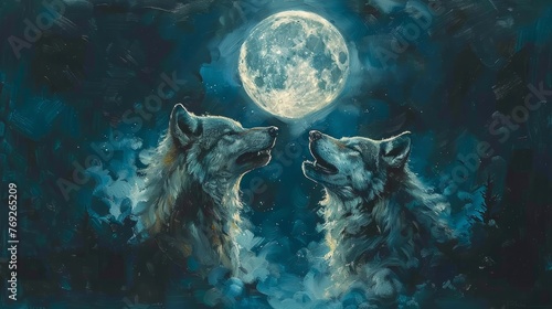 Two wolves howl at the moon in an electric blue painting