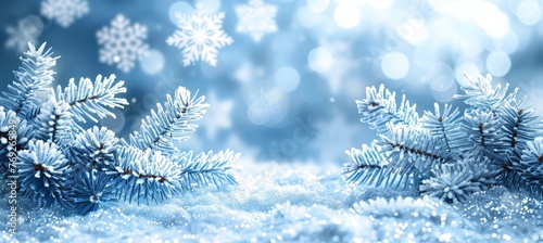 Festive christmas background with spruce branch and snowflake frame, copy space available