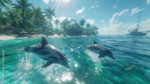 Two dolphins swim in the tropical ocean near a lush island © yuchen