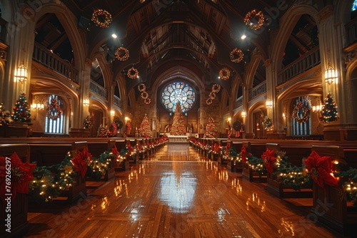 The historical church combines tradition and festive decor with rows of poinsettias and ornate lighting