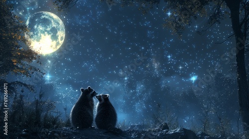 Two cats under a tree at night gaze at the electric blue Moon in darkness