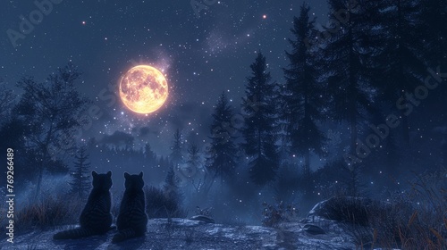 Two cats sit in snow gazing at full moon in freezing atmosphere