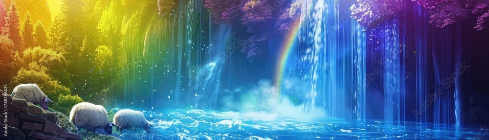 Surreal image of sheep with crystal wool sparkling under a rainbow waterfall