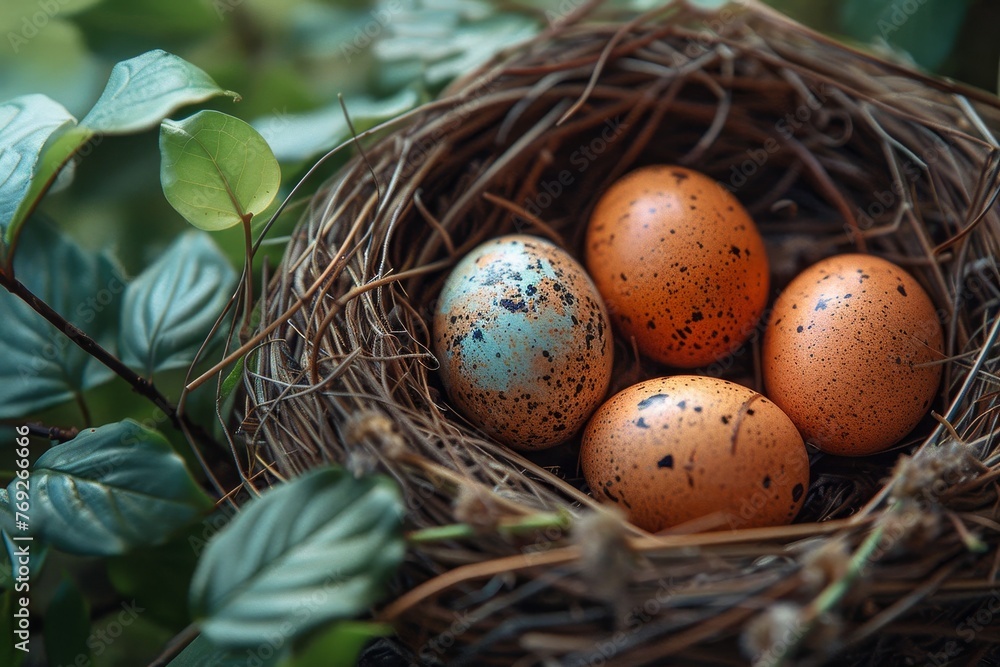 A cozy nest cradles a cluster of speckled Easter eggs surrounded by green foliage, emphasizing life's cycle A cozy nest cradles a cluster of speckled Easter eggs surrounded by green foliage, emphasizing life's cycle