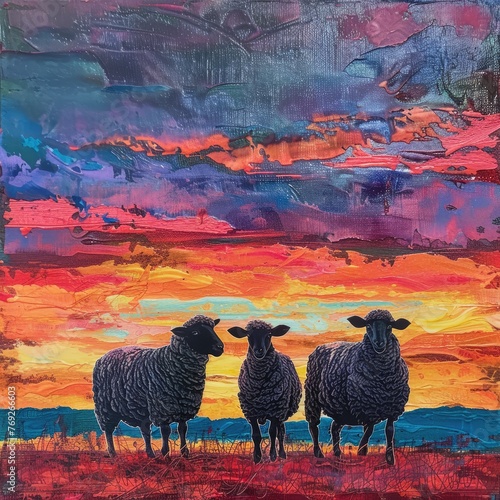 Sheep with wool in shades of sunset silhouetted against a vibrant evening sky