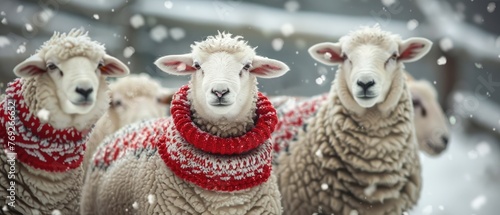 A cozy winter scene of sheep with wool that looks like knitted holiday sweaters © AI Farm