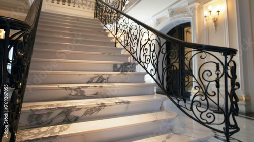 A stunning black and white staircase with polished marble steps and a wrought iron banister. . .