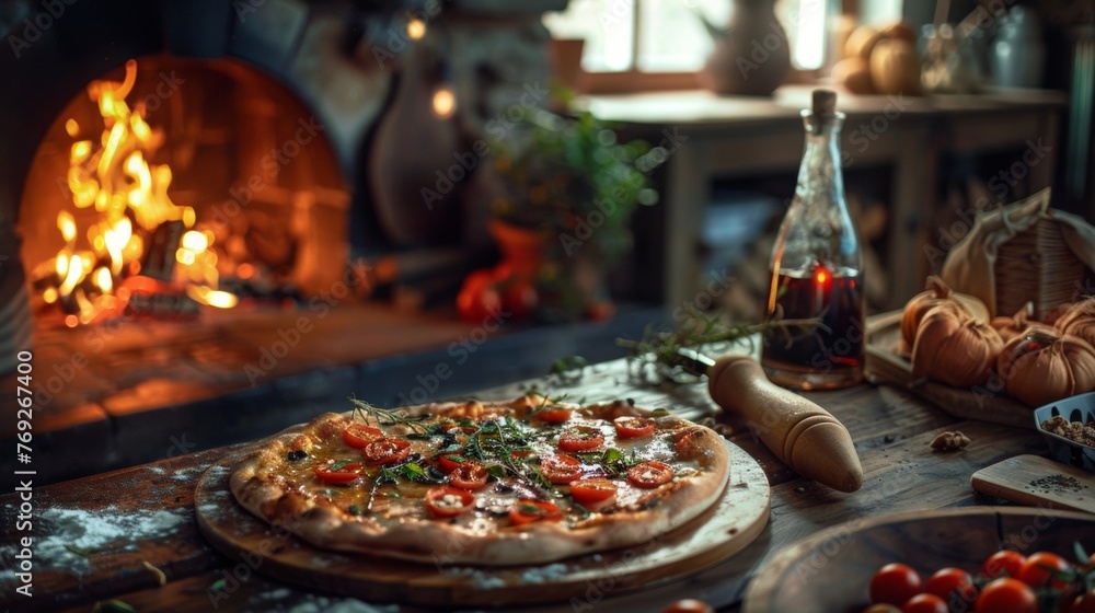 Artisanal pizza in rustic kitchen firewood glow