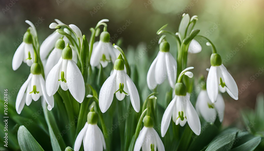 A bunch of snowdrops are in a garden with green leaves.
