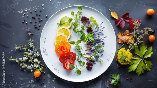 A culinary representation of the four seasons on a single plate using ingredients and colors to depict each season