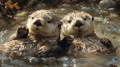 Two sea otters swim together in the water, their whiskers and snouts visible photo