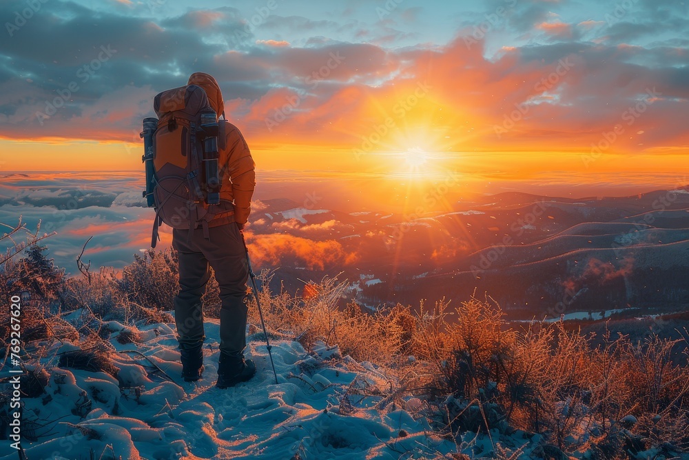 An adventurer braves the cold to witness a breathtaking sunset over snowy mountains and clouds An adventurer braves the cold to witness a breathtaking sunset over snowy mountains and clouds