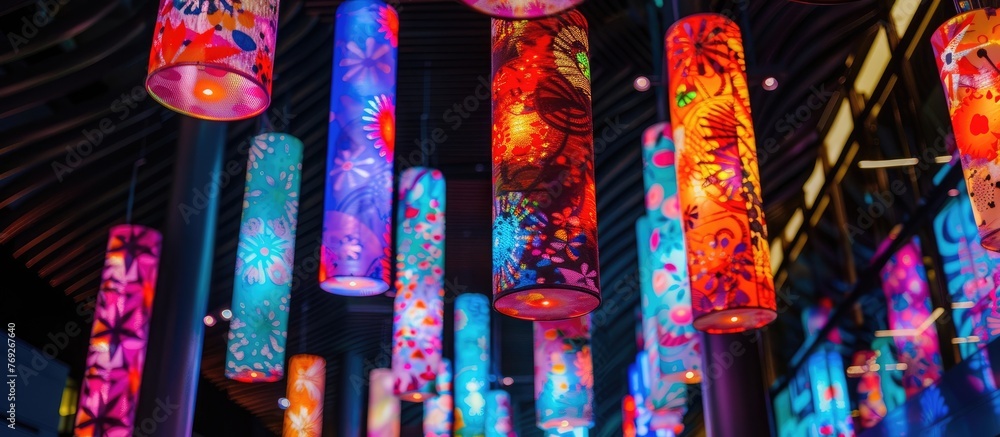 Interior decor lighting featuring vibrant festive patterns suspended from ceiling.