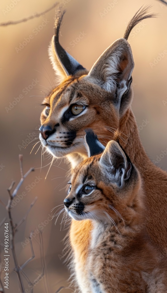 Obraz premium Male caracal and kitten portrait with text space, object on side, ideal for captions