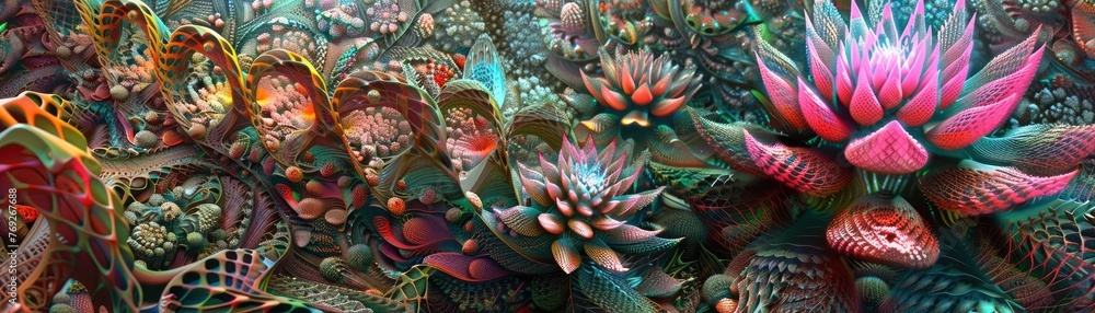 abstract 3D garden of geometric flowers blooming in a surreal