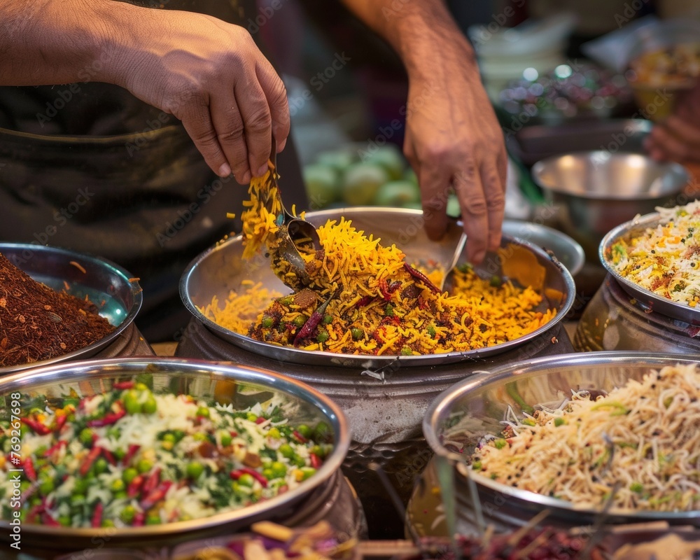 Biryani in the making vibrant spices market backdrop