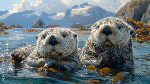 Two sea otters floating on their backs in the water