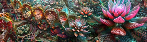 abstract 3D garden of geometric flowers blooming in a surreal