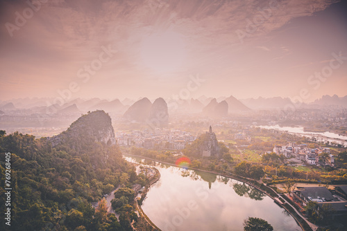 Aerial view of Lijiang River Scenic Area in Guilin, China.