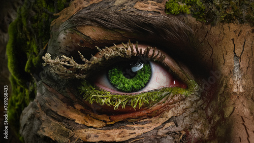 An Illustration Drawing Attention to the Integrity of Man and Nature. A human face made of moss. Macro Shot. 3D Render. Generative ai.