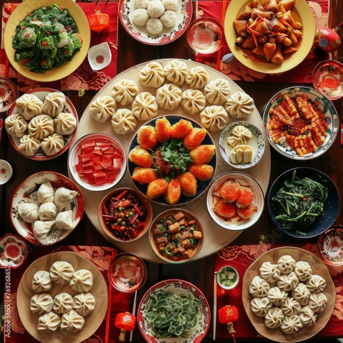 Dumplings feast family-style table
